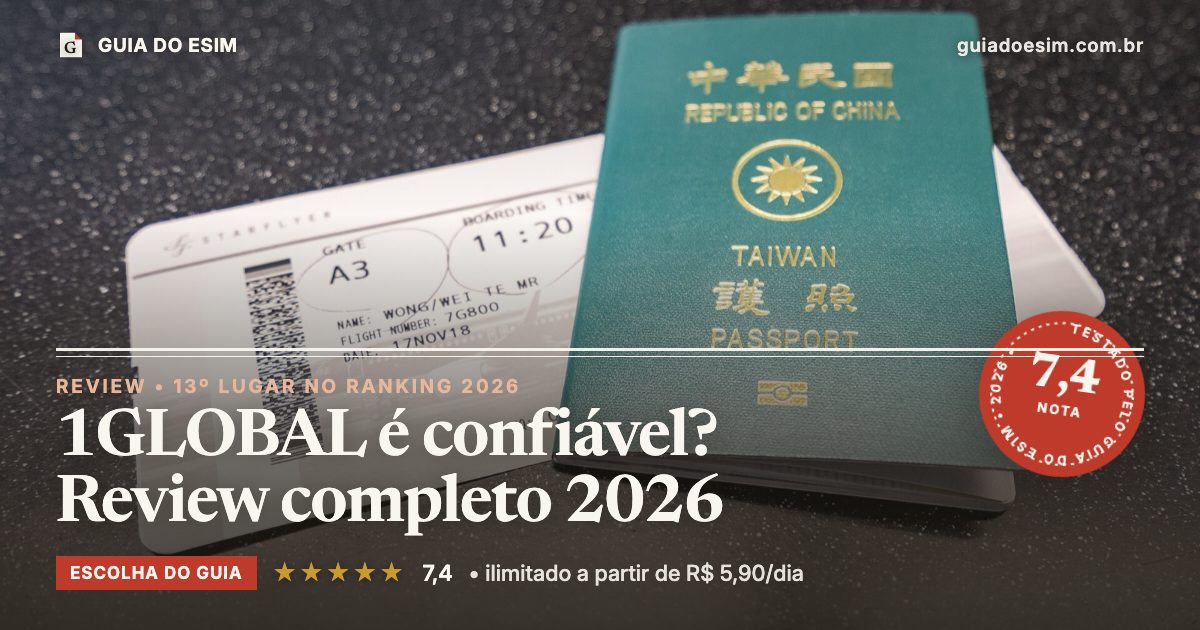1GLOBAL é confiável? Review completo 2026: análise do Guia do eSIM, nota 7,4